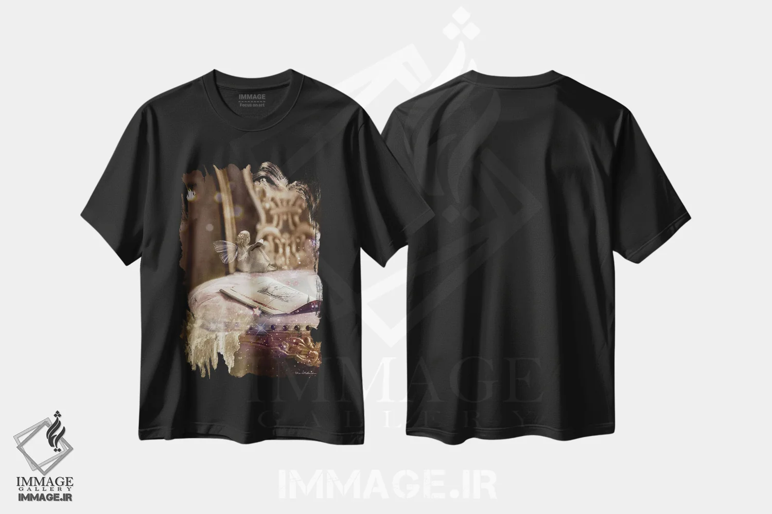 تیشرت مشکی طرح دار گم شده در افسانه، هنر دیجیتال اثر شارلوت بیرد | فروشگاه ایماژ