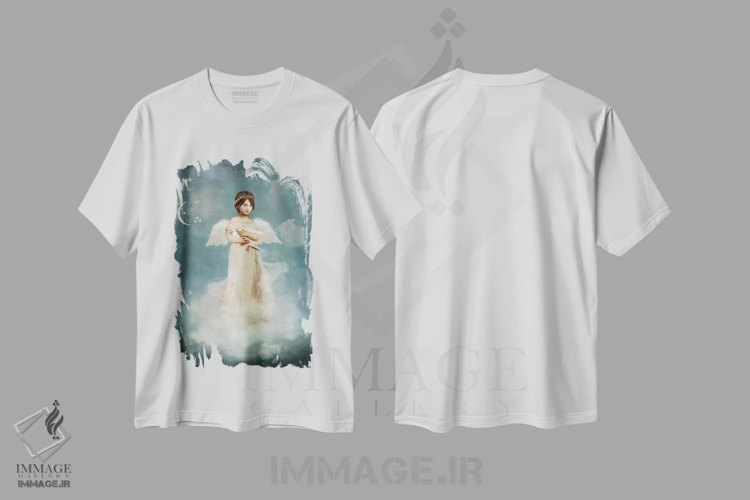 تیشرت سفید طرح دار فرشتهٔ عشق حقیقی، هنر دیجیتال اثر شارلوت بیرد | فروشگاه ایماژ
