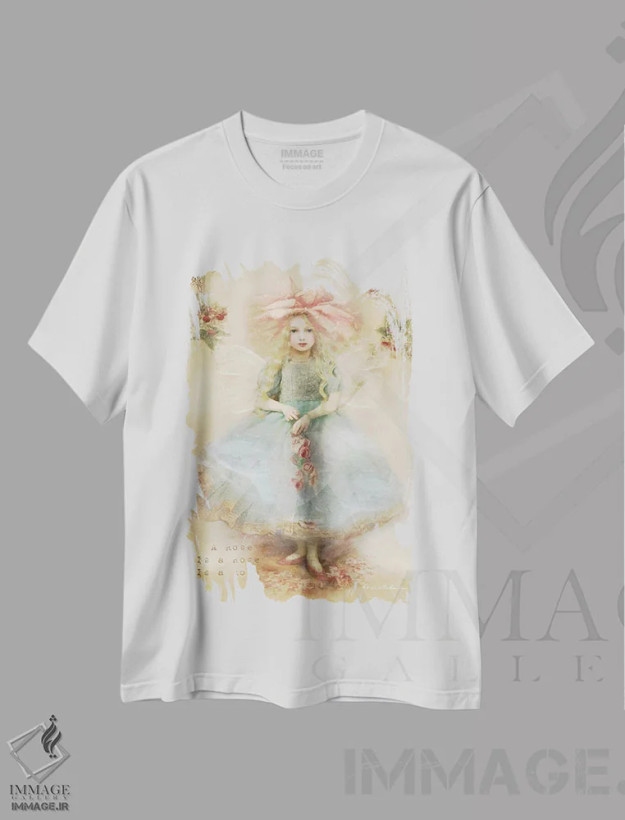 تیشرت سفید طرح دار پری گلبرگ رز، هنر دیجیتال اثر شارلوت بیرد | فروشگاه ایماژ