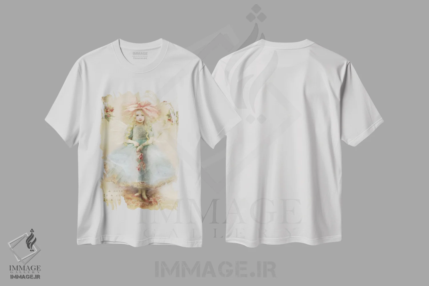 تیشرت سفید طرح دار پری گلبرگ رز، هنر دیجیتال اثر شارلوت بیرد | فروشگاه ایماژ