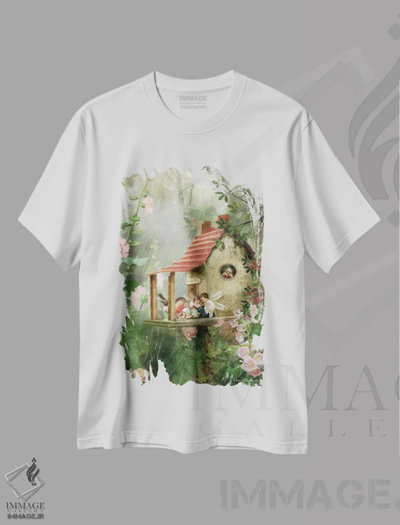تیشرت سفید طرح دار پناهگاه روز بارانی، هنر دیجیتال اثر شارلوت بیرد | فروشگاه ایماژ