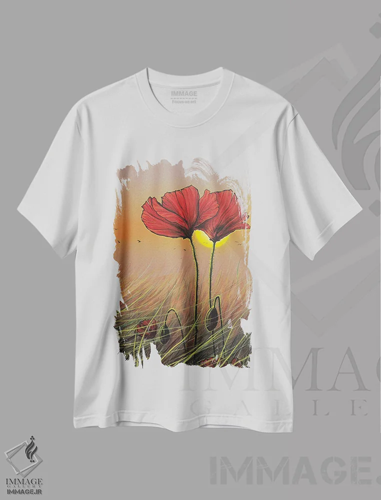 تیشرت سفید طرح دار گل های سرخ، هنر فاخر معاصر اثر کالر بای فلیکز | فروشگاه ایماژ