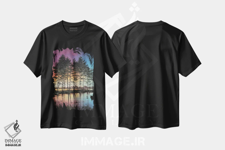 تیشرت مشکی طرح دار آرامش مطلق، دکور کلبه و لژ اثر کالر بای فلیکز | فروشگاه ایماژ