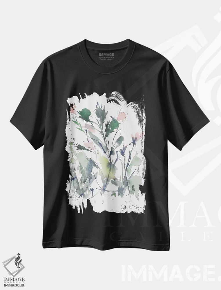 تیشرت مشکی طرح دار شکوفه های صورتی انتزاعی، آبستره اثر کلودیا بیانکی | فروشگاه ایماژ