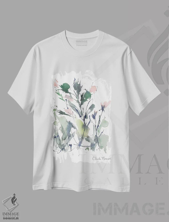 تیشرت سفید طرح دار شکوفه های صورتی انتزاعی، آبستره اثر کلودیا بیانکی | immage.ir