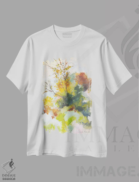 تیشرت سفید طرح دار پاییز مه آلود، آبستره اثر کلودیا بیانکی | فروشگاه ایماژ