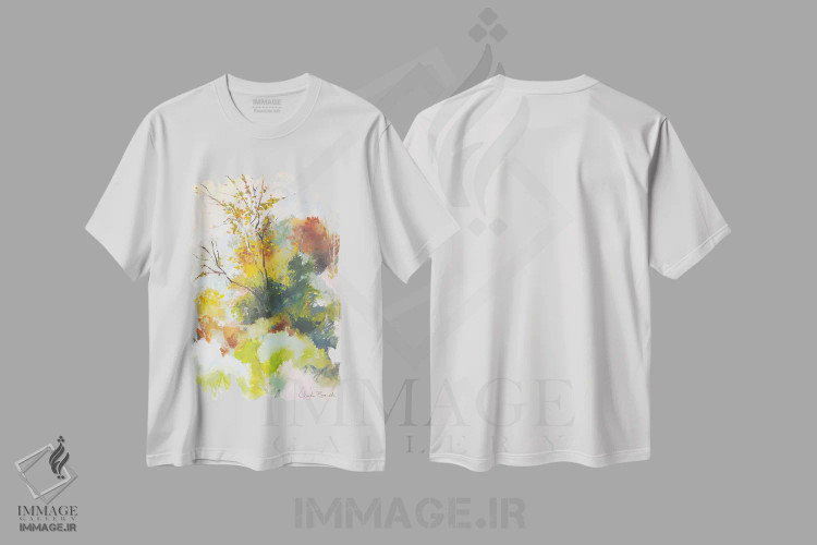 تیشرت سفید طرح دار پاییز مه آلود، آبستره اثر کلودیا بیانکی | فروشگاه ایماژ