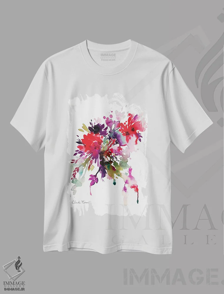 تیشرت سفید طرح دار گل های درخشان، آبستره اثر کلودیا بیانکی | فروشگاه ایماژ