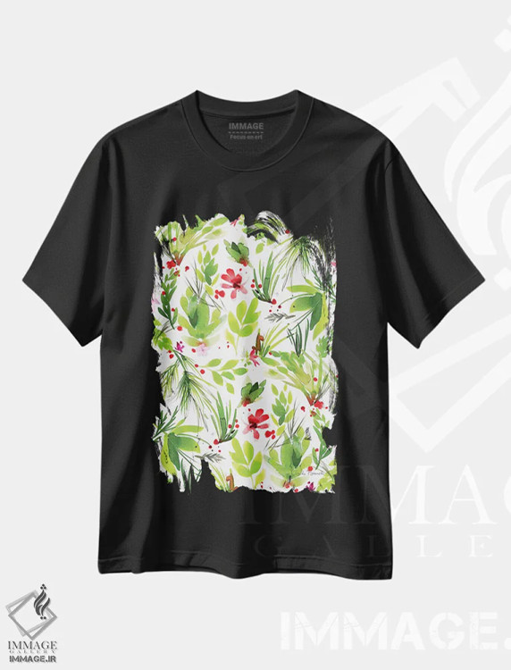 تیشرت مشکی طرح دار پراکندهٔ برگ ها ۲، مدیوم اثر کلودیا بیانکی | فروشگاه ایماژ