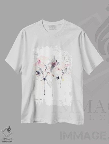 تیشرت سفید طرح دار پراکندگی صورتی، آبستره اثر کلودیا بیانکی | فروشگاه ایماژ