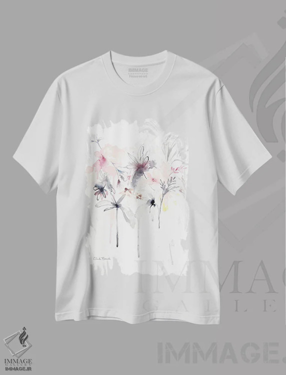 تیشرت سفید طرح دار پراکندگی صورتی، آبستره اثر کلودیا بیانکی | فروشگاه ایماژ
