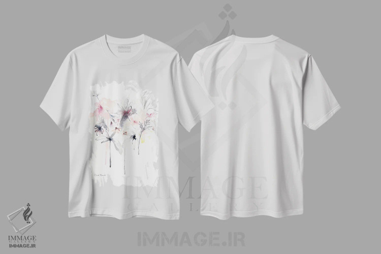 تیشرت سفید طرح دار پراکندگی صورتی، آبستره اثر کلودیا بیانکی | فروشگاه ایماژ