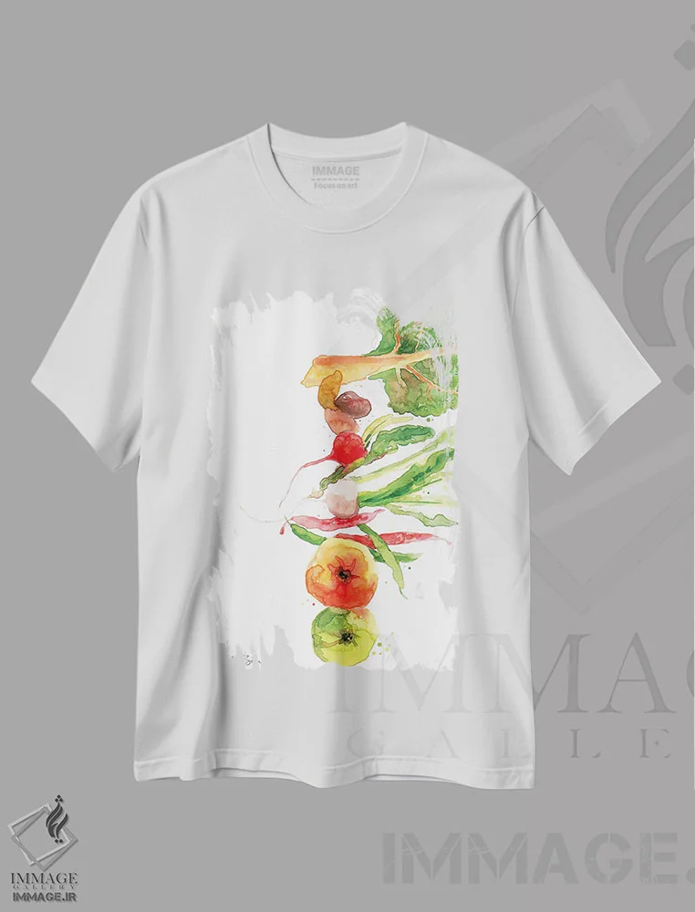 تیشرت سفید طرح دار سبزیجات چیده شده، مدیوم اثر کلودیا بیانکی | immage.ir