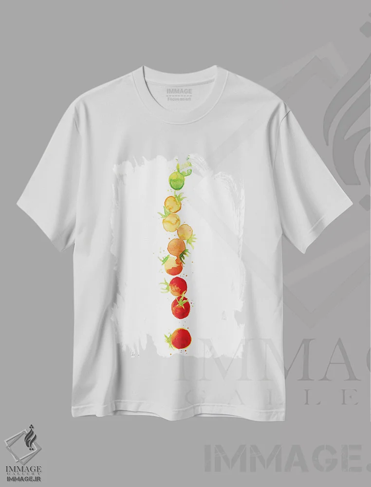 تیشرت سفید طرح دار ردیف گرادیان گوجه فرنگی، تزئینی اثر کلودیا بیانکی | فروشگاه ایماژ
