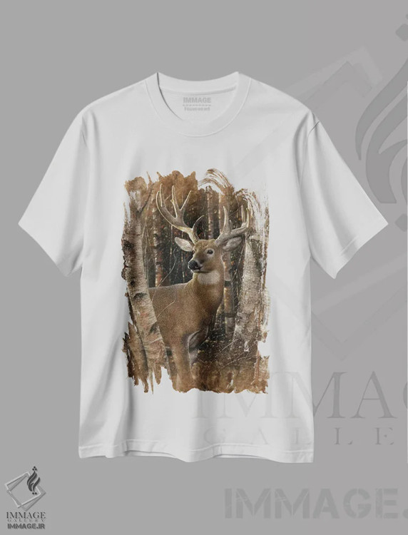 تیشرت سفید طرح دار گوزن توس، عمودی، هنر فاخر معاصر اثر کالین بوگل | immage.ir