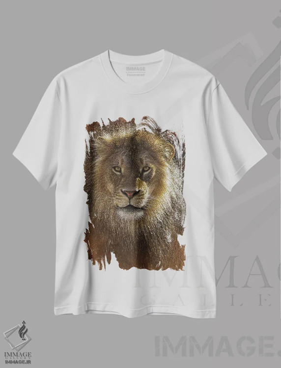 تیشرت سفید طرح دار رویارویی شیرها، هنر فاخر اثر کالین بوگل | فروشگاه ایماژ