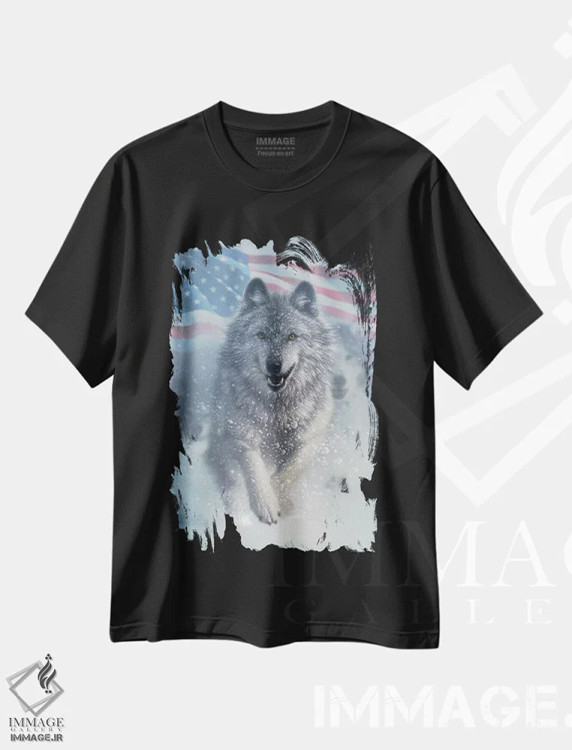 تیشرت مشکی طرح دار گرگ های در حال دویدن، هنر فاخر اثر کالین بوگل | فروشگاه ایماژ