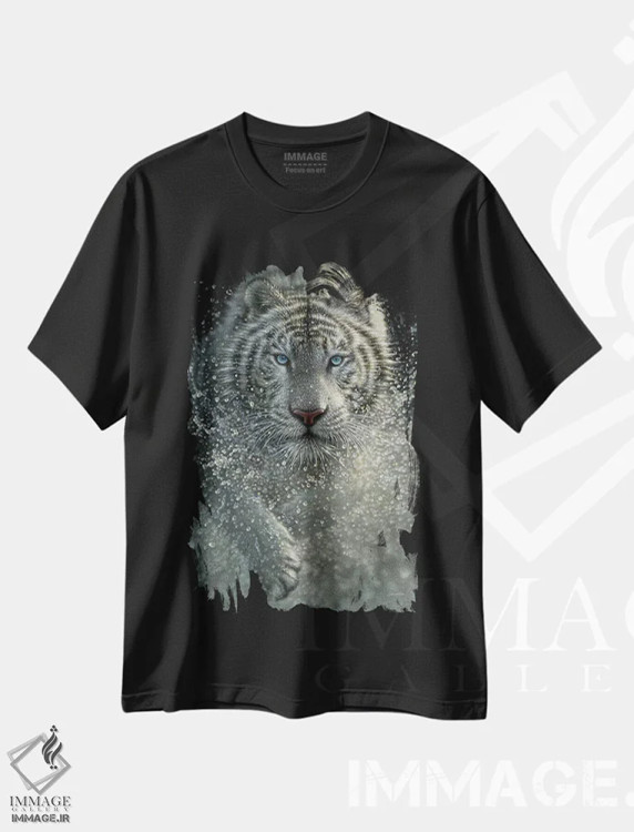 تیشرت مشکی طرح دار ببر سفید، هنر فاخر معاصر اثر کالین بوگل | فروشگاه ایماژ