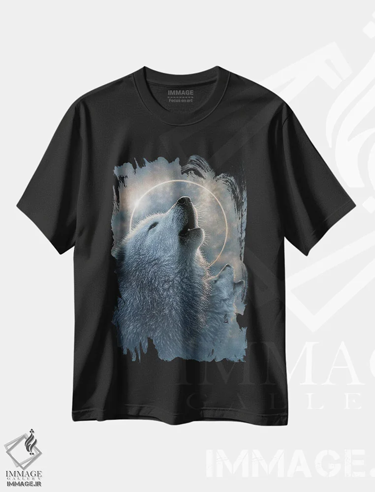 تیشرت مشکی طرح دار گرگ و ماه گرفتگی، تزئینی اثر کالین بوگل | فروشگاه ایماژ