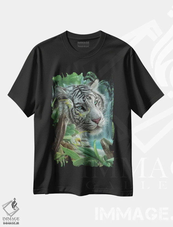 تیشرت مشکی طرح دار ببر سفید عدن اثر کالین بوگل | فروشگاه ایماژ