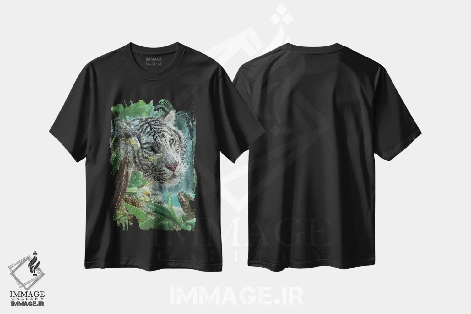 تیشرت مشکی طرح دار ببر سفید عدن اثر کالین بوگل | فروشگاه ایماژ