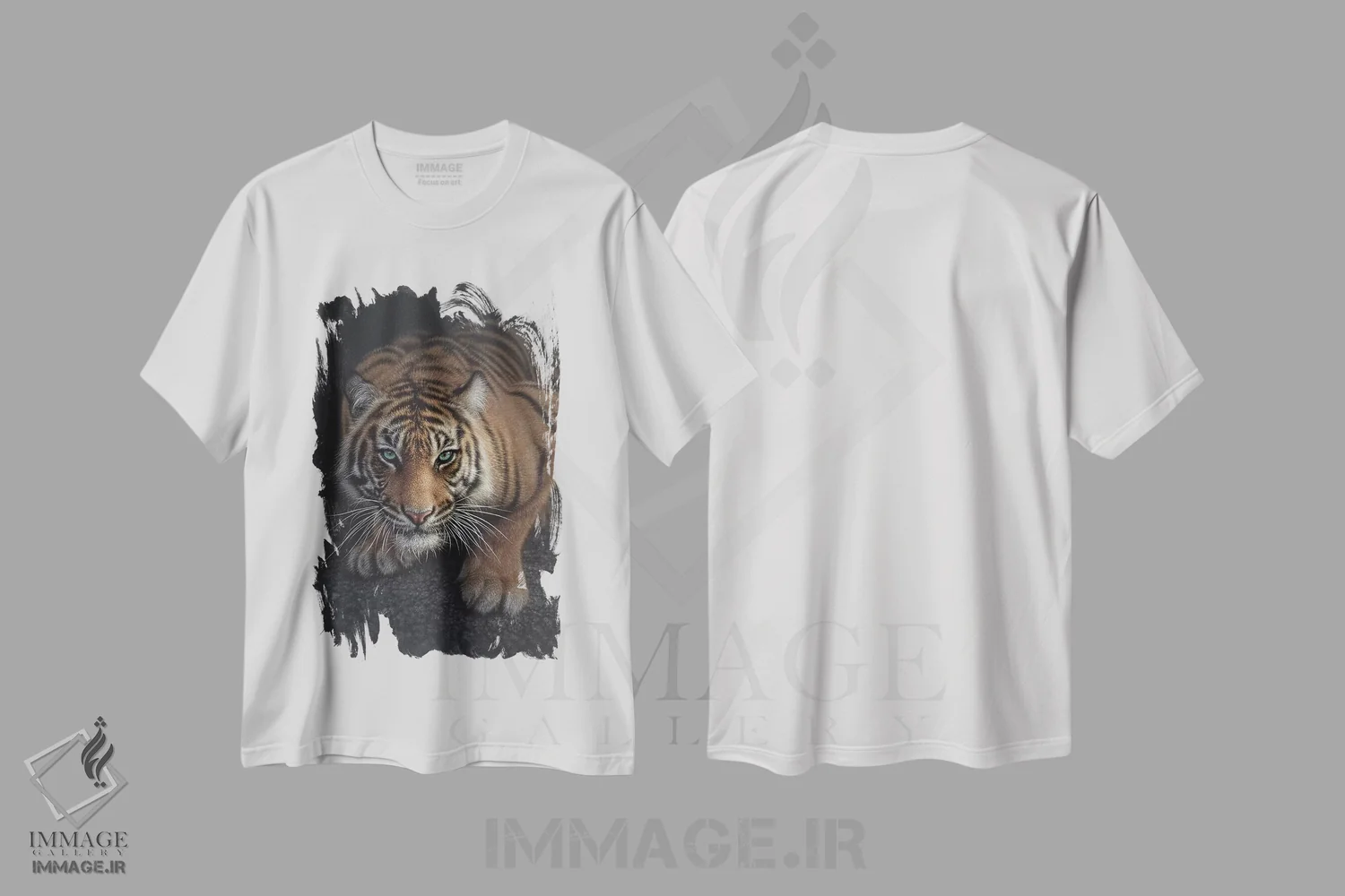تیشرت سفید طرح دار ببر کمین کرده، هنر فاخر معاصر اثر کالین بوگل | فروشگاه ایماژ