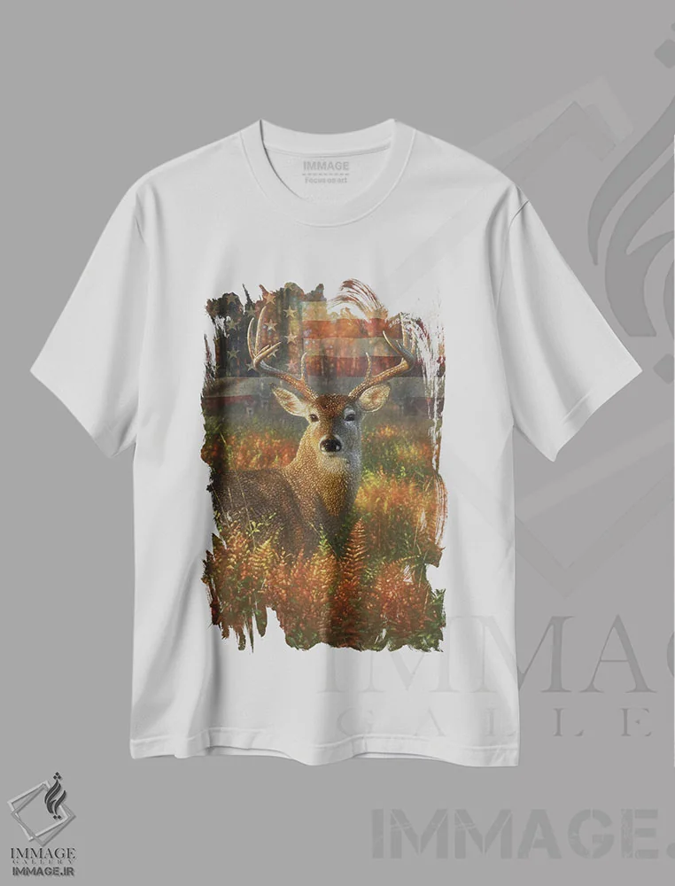 تیشرت سفید طرح دار گوزن شاخ دار پاییزی ایالات متحده، دکور آمریکایی اثر کالین بوگل | immage.ir