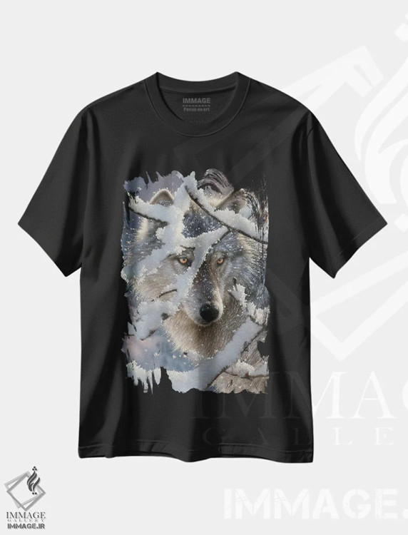 تیشرت مشکی طرح دار گرگ زمستانی، دکور کلبه و لژ اثر کالین بوگل | فروشگاه ایماژ