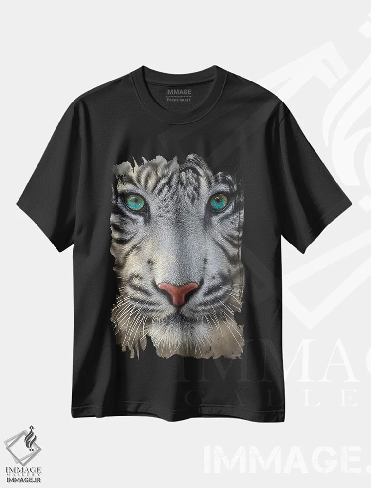 تیشرت مشکی طرح دار ببر سفید، هنر فاخر معاصر اثر کالین بوگل | immage.ir
