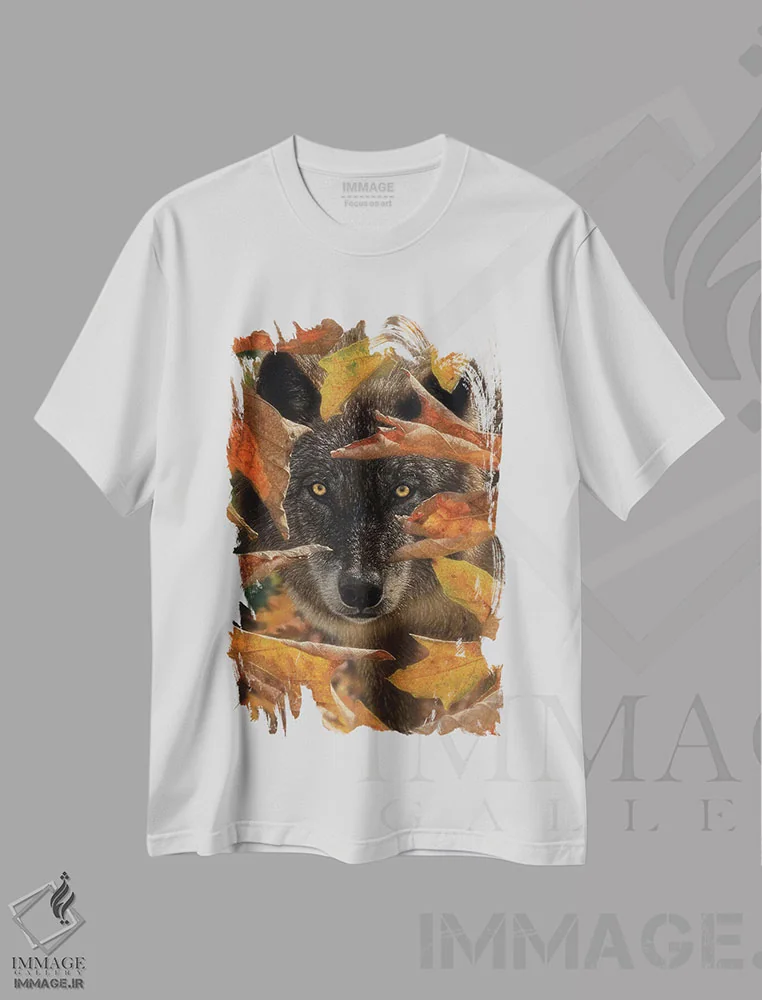 تیشرت سفید طرح دار گرگ سیاه پاییزی، دکور کلبه و لژ اثر کالین بوگل | فروشگاه ایماژ