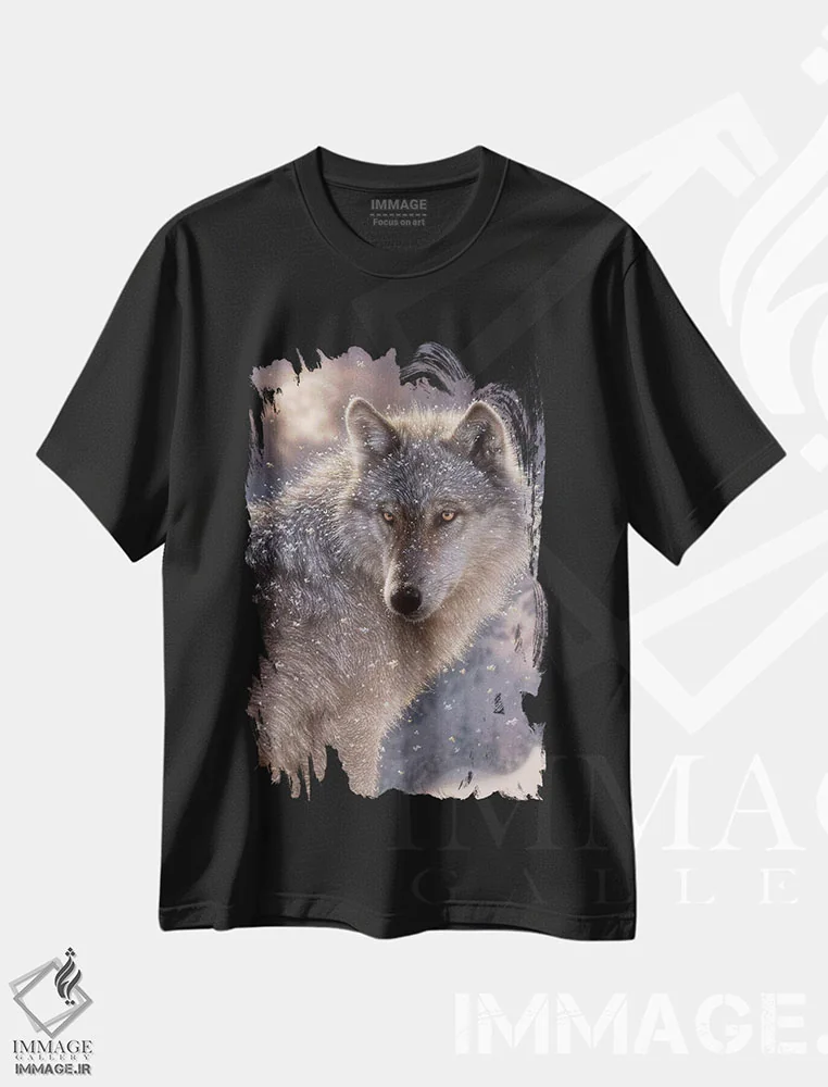 تیشرت مشکی طرح دار گرگ تنها، هنر فاخر معاصر اثر کالین بوگل | immage.ir