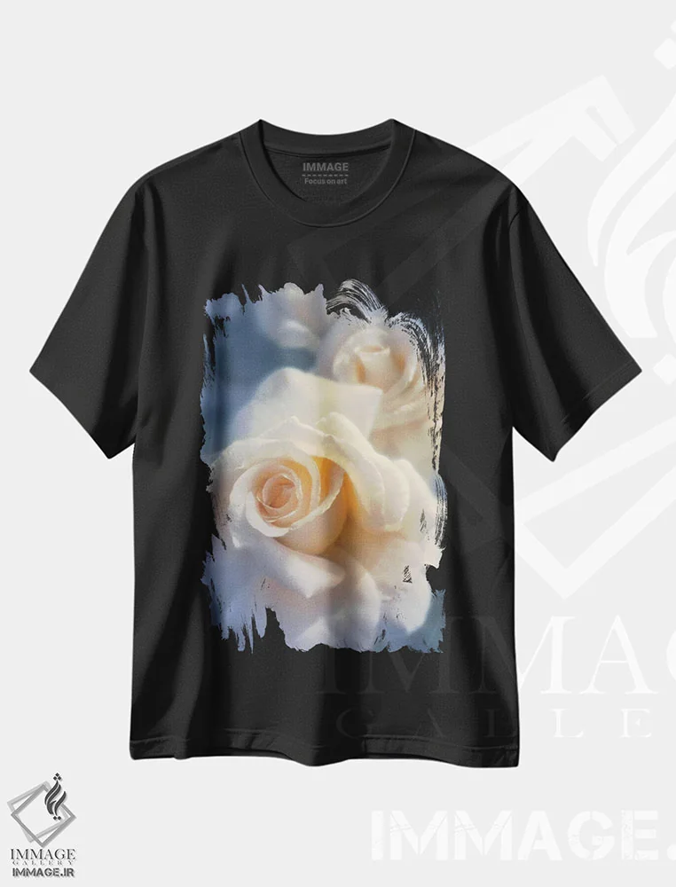 تیشرت مشکی طرح دار رز سفید فراموش نشدنی، هنر فاخر معاصر اثر کالین بوگل | فروشگاه ایماژ