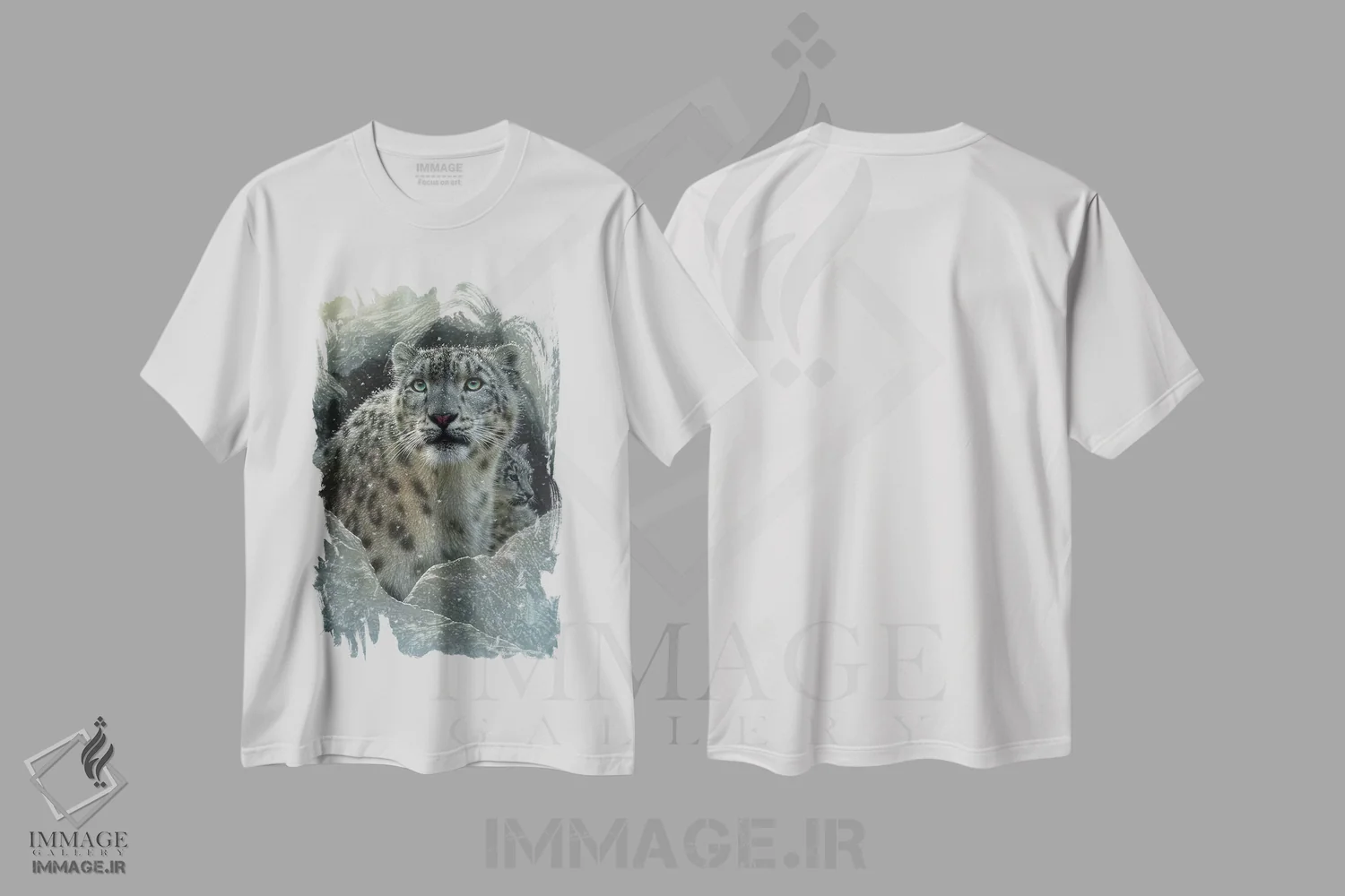تیشرت سفید طرح دار قلعهٔ پلنگ برفی، هنر فاخر معاصر اثر کالین بوگل | فروشگاه ایماژ