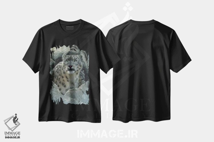 تیشرت مشکی طرح دار قلعهٔ پلنگ برفی، هنر فاخر معاصر اثر کالین بوگل | immage.ir