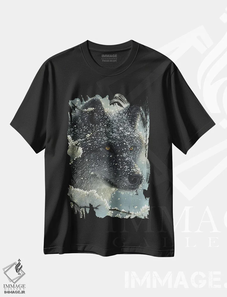 تیشرت مشکی طرح دار گرگ سیاه در سفیدی، هنر فاخر اثر کالین بوگل | فروشگاه ایماژ