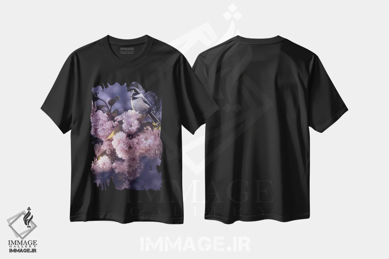 تیشرت مشکی طرح دار چرخ ریسک کل سیاه در بهار صورتی، هنر فاخر معاصر اثر کالین بوگل | immage.ir