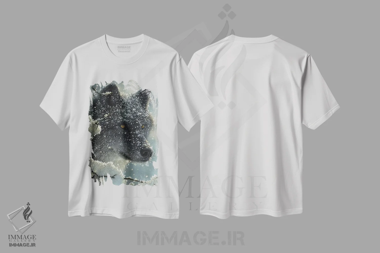 تیشرت سفید طرح دار گرگ سیاه در سفیدی، هنر فاخر اثر کالین بوگل | immage.ir