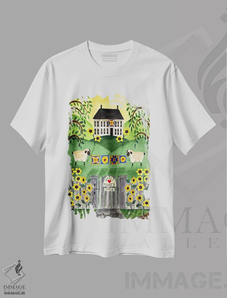 تیشرت سفید طرح دار خانهٔ لحاف دو گوسفند، دکور روستایی اثر شریل بارتلی | immage.ir