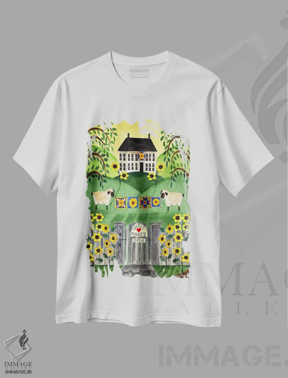 تیشرت سفید طرح دار خانهٔ لحاف دو گوسفند، دکور روستایی اثر شریل بارتلی | immage.ir