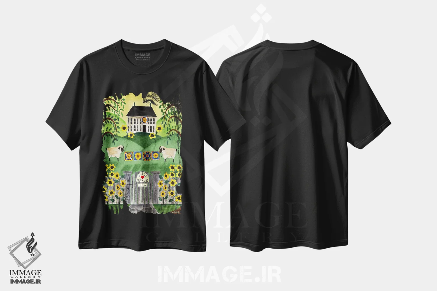 تیشرت مشکی طرح دار خانهٔ لحاف دو گوسفند، دکور روستایی اثر شریل بارتلی | فروشگاه ایماژ