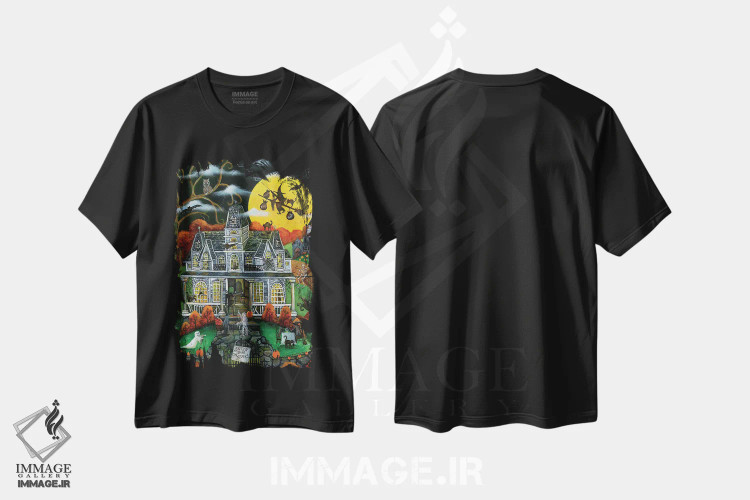 تیشرت مشکی طرح دار معجون ها، حقه ها و خوراکی های هالووین، دکور روستایی اثر شریل بارتلی | immage.ir