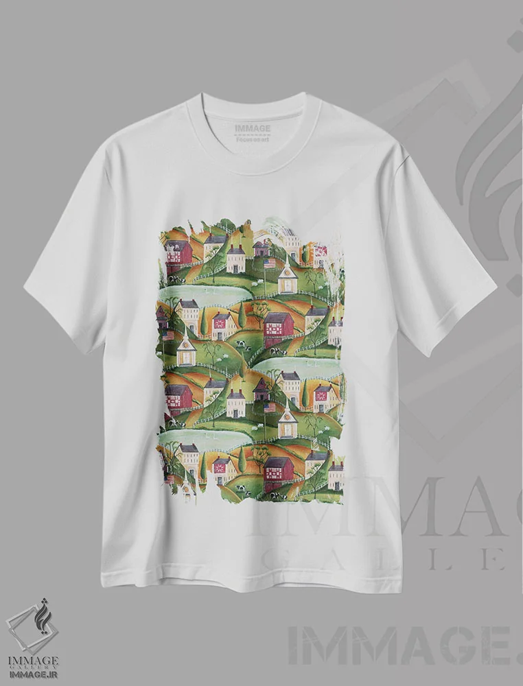 تیشرت سفید طرح دار روستای هنر مردمی بدوی آمریکاییبارتلی، دکور آمریکایی اثر شریل بارتلی | فروشگاه ایماژ