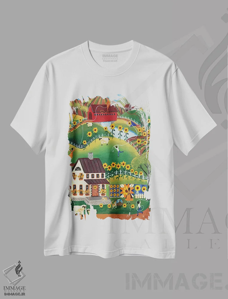 تیشرت سفید طرح دار خانه ٔ لحاف دوز بدوی، گوسفند و آفتابگردان، دکور روستایی اثر شریل بارتلی | immage.ir