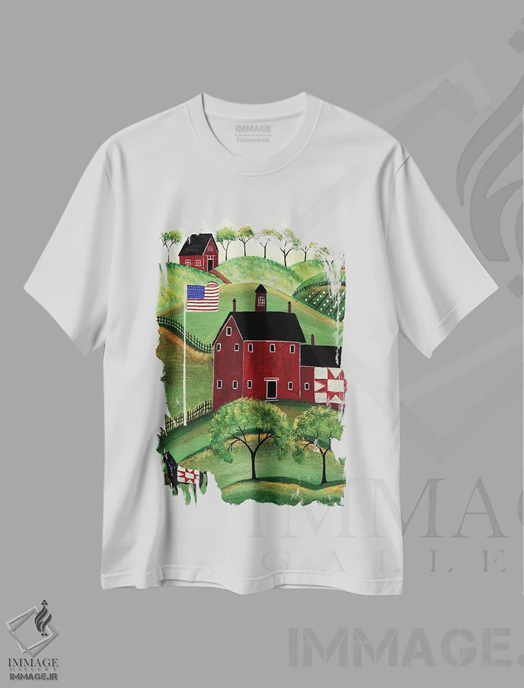 تیشرت سفید طرح دار خانه لحاف قرمز آمریکایی، دکور آمریکایی اثر شریل بارتلی | فروشگاه ایماژ