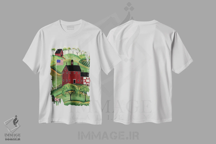 تیشرت سفید طرح دار خانه لحاف قرمز آمریکایی، دکور آمریکایی اثر شریل بارتلی | فروشگاه ایماژ