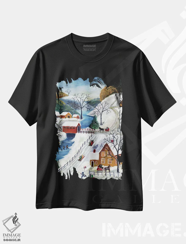 تیشرت مشکی طرح دار خانه شگفتی های زمستانی برای تعطیلات، دکور روستایی اثر شریل بارتلی | فروشگاه ایماژ
