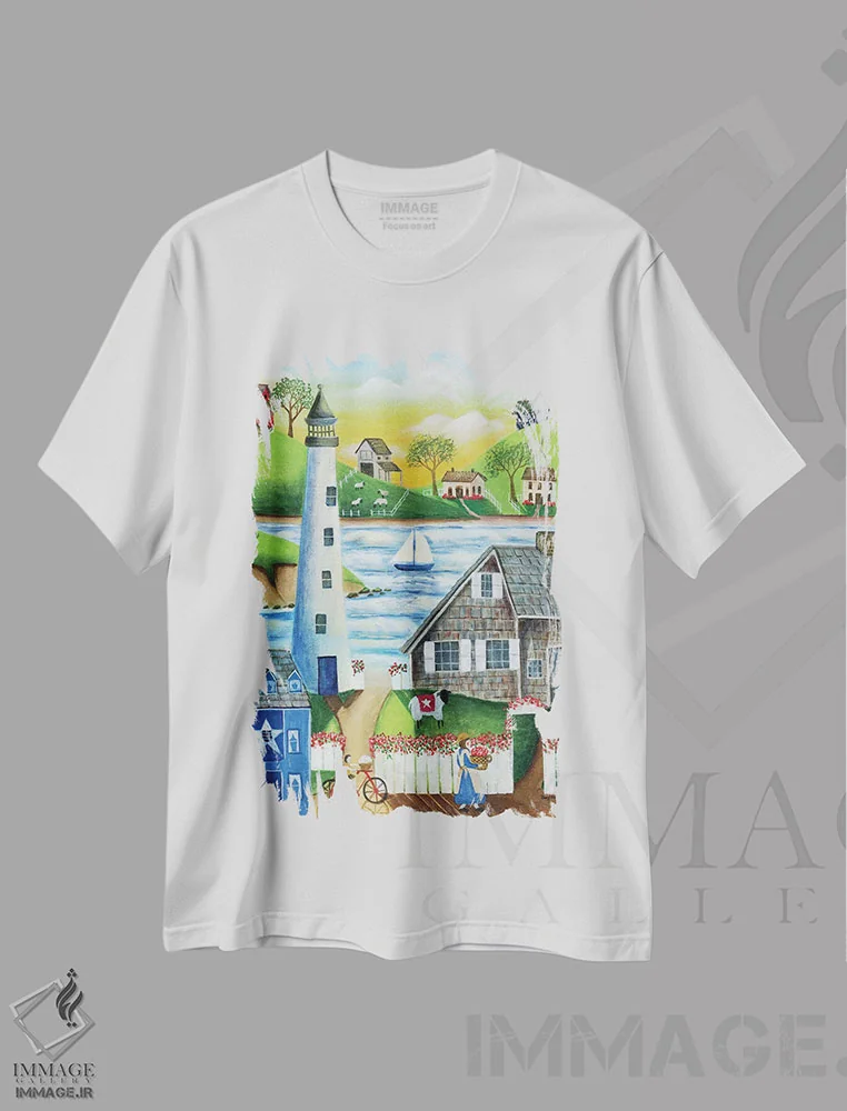تیشرت سفید طرح دار در کنار دریا، دکور روستایی اثر شریل بارتلی | immage.ir