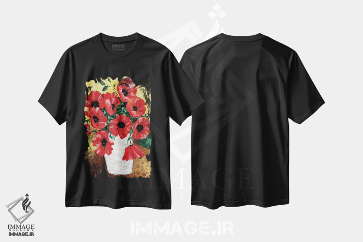 تیشرت مشکی طرح دار شقایق های قرمز بزرگ، دکور روستایی اثر شریل بارتلی | immage.ir