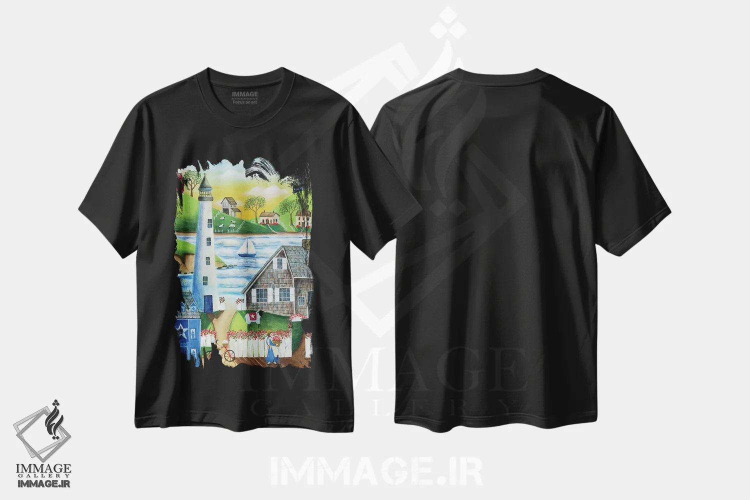 تیشرت مشکی طرح دار در کنار دریا، دکور روستایی اثر شریل بارتلی | فروشگاه ایماژ