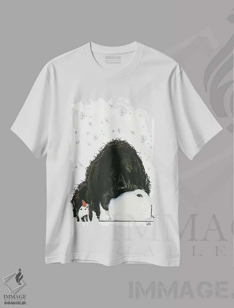 تیشرت سفید طرح دار نیوفاندلند عاشق برف اثر کاریکاتورهای سگ | immage.ir
